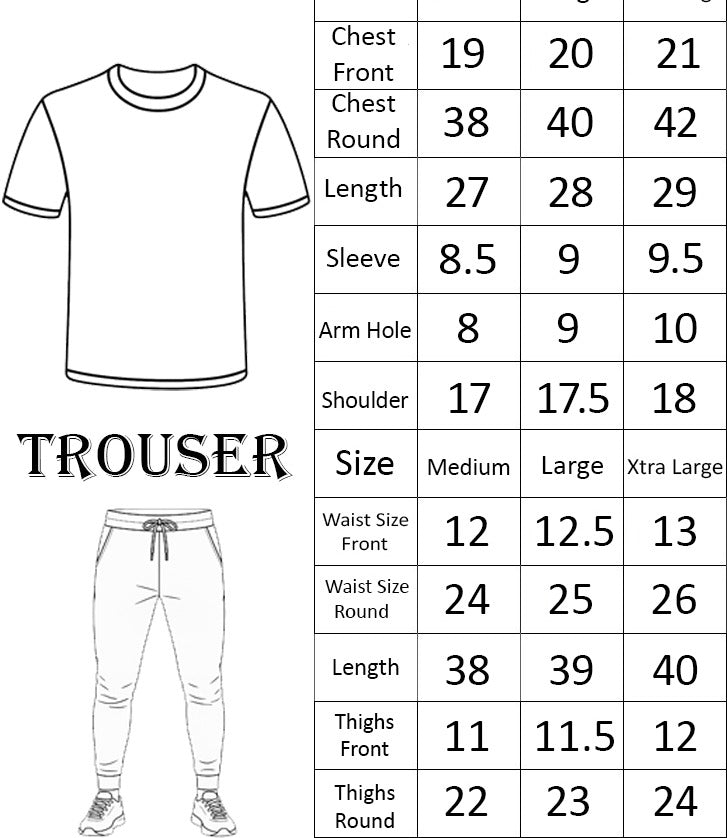 Round neck half-sleeve casual T-shirt with matching trousers. Trendy and comfortable, making it a perfect choice for gym, jogging, and daily wear